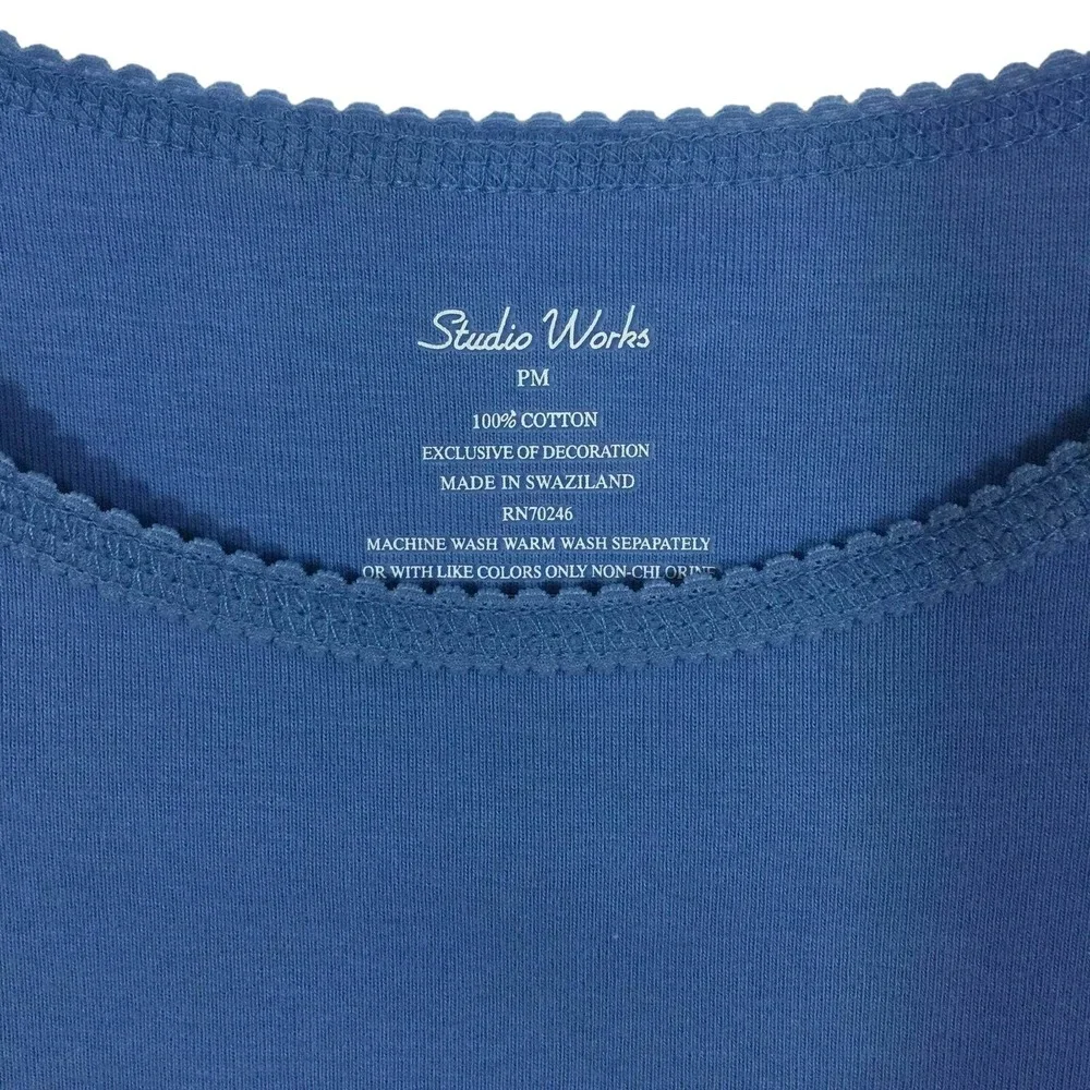 Studio Works 2Pc Shirt & Tank Petite Size PM Button Up Textured Blue Crinkle - Picture 3 of 7